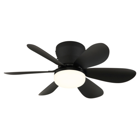 Stropní ventilátor, kov/plast, matná černá, stmívatelný, více rychlostí pomocí nástěnného vypínače, funkce paměti, dálkové ovládání, 35m², 2 směry otáčení, Ø:51cm, V:16,5cm, LED 5W 230V, zdroj 70-560lm, výstup 40-350 lm, CCT 2700-6500K