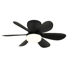 Stropní ventilátor, kov/plast, matná černá, stmívatelný, více rychlostí pomocí nástěnného vypínače, funkce paměti, dálkové ovládání, 35m², 2 směry otáčení, Ø:51cm, V:16,5cm, LED 5W 230V, zdroj 70-560lm, výstup 40-350 lm, CCT 2700-6500K