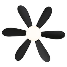 Stropní ventilátor, kov/plast, matná černá, stmívatelný, více rychlostí pomocí nástěnného vypínače, funkce paměti, dálkové ovládání, 35m², 2 směry otáčení, Ø:51cm, V:16,5cm, LED 5W 230V, zdroj 70-560lm, výstup 40-350 lm, CCT 2700-6500K