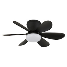 Stropní ventilátor, kov/plast, matná černá, stmívatelný, více rychlostí pomocí nástěnného vypínače, funkce paměti, dálkové ovládání, 35m², 2 směry otáčení, Ø:51cm, V:16,5cm, LED 5W 230V, zdroj 70-560lm, výstup 40-350 lm, CCT 2700-6500K