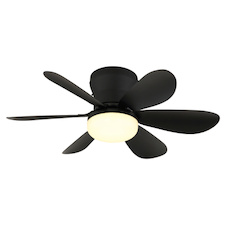 Stropní ventilátor, kov/plast, matná černá, stmívatelný, více rychlostí pomocí nástěnného vypínače, funkce paměti, dálkové ovládání, 35m², 2 směry otáčení, Ø:51cm, V:16,5cm, LED 5W 230V, zdroj 70-560lm, výstup 40-350 lm, CCT 2700-6500K