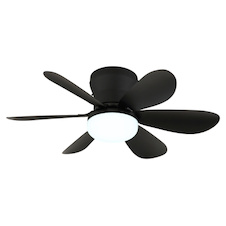 Stropní ventilátor, kov/plast, matná černá, stmívatelný, více rychlostí pomocí nástěnného vypínače, funkce paměti, dálkové ovládání, 35m², 2 směry otáčení, Ø:51cm, V:16,5cm, LED 5W 230V, zdroj 70-560lm, výstup 40-350 lm, CCT 2700-6500K