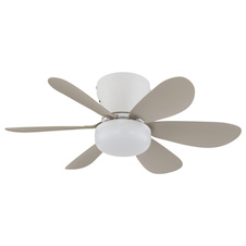 Stropní ventilátor, kov bílý matný, plast písková matná, stmívatelný, více rychlostí pomocí nástěnného vypínače, pamět, dálkové ovládání, 35m², 2 směry otáčení, Ø:51cm, V:16,5cm, LED 5W 230V, zdroj 70-560lm, výstup 40-350 lm, CCT 2700-6500K