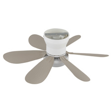 Stropní ventilátor, kov bílý matný, plast písková matná, stmívatelný, více rychlostí pomocí nástěnného vypínače, pamět, dálkové ovládání, 35m², 2 směry otáčení, Ø:51cm, V:16,5cm, LED 5W 230V, zdroj 70-560lm, výstup 40-350 lm, CCT 2700-6500K