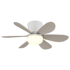 Stropní ventilátor, kov bílý matný, plast písková matná, stmívatelný, více rychlostí pomocí nástěnného vypínače, pamět, dálkové ovládání, 35m², 2 směry otáčení, Ø:51cm, V:16,5cm, LED 5W 230V, zdroj 70-560lm, výstup 40-350 lm, CCT 2700-6500K