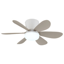 Stropní ventilátor, kov bílý matný, plast písková matná, stmívatelný, více rychlostí pomocí nástěnného vypínače, pamět, dálkové ovládání, 35m², 2 směry otáčení, Ø:51cm, V:16,5cm, LED 5W 230V, zdroj 70-560lm, výstup 40-350 lm, CCT 2700-6500K