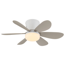 Stropní ventilátor, kov bílý matný, plast písková matná, stmívatelný, více rychlostí pomocí nástěnného vypínače, pamět, dálkové ovládání, 35m², 2 směry otáčení, Ø:51cm, V:16,5cm, LED 5W 230V, zdroj 70-560lm, výstup 40-350 lm, CCT 2700-6500K
