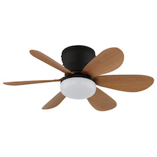 Stropní ventilátor, kov černý matný, plast imitace dřeva, stmívatelný, více rychlostí pomocí nástěnného vypínače, pamět, dálkové ovládání, 35m², 2 směry otáčení, Ø:51cm, V:16,5cm, LED 5W 230V, zdroj 70-560lm, výstup 40-350 lm, CCT 2700-6500K