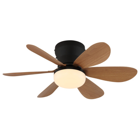 Stropní ventilátor, kov černý matný, plast imitace dřeva, stmívatelný, více rychlostí pomocí nástěnného vypínače, pamět, dálkové ovládání, 35m², 2 směry otáčení, Ø:51cm, V:16,5cm, LED 5W 230V, zdroj 70-560lm, výstup 40-350 lm, CCT 2700-6500K