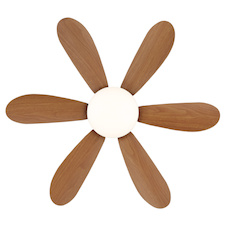 Stropní ventilátor, kov černý matný, plast imitace dřeva, stmívatelný, více rychlostí pomocí nástěnného vypínače, pamět, dálkové ovládání, 35m², 2 směry otáčení, Ø:51cm, V:16,5cm, LED 5W 230V, zdroj 70-560lm, výstup 40-350 lm, CCT 2700-6500K