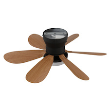 Stropní ventilátor, kov černý matný, plast imitace dřeva, stmívatelný, více rychlostí pomocí nástěnného vypínače, pamět, dálkové ovládání, 35m², 2 směry otáčení, Ø:51cm, V:16,5cm, LED 5W 230V, zdroj 70-560lm, výstup 40-350 lm, CCT 2700-6500K