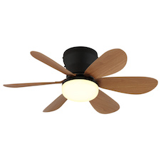 Stropní ventilátor, kov černý matný, plast imitace dřeva, stmívatelný, více rychlostí pomocí nástěnného vypínače, pamět, dálkové ovládání, 35m², 2 směry otáčení, Ø:51cm, V:16,5cm, LED 5W 230V, zdroj 70-560lm, výstup 40-350 lm, CCT 2700-6500K