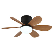 Stropní ventilátor, kov černý matný, plast imitace dřeva, stmívatelný, více rychlostí pomocí nástěnného vypínače, pamět, dálkové ovládání, 35m², 2 směry otáčení, Ø:51cm, V:16,5cm, LED 5W 230V, zdroj 70-560lm, výstup 40-350 lm, CCT 2700-6500K
