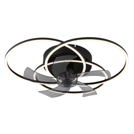 Stropní ventilátor, kov/hliník černý matný, plast bílý/kouřový, stmívatelný, nástěnný vypínač s více kroky, paměť, dálkové ovládání, 25m², 2 směry otáčení, ø:580mm V:175mm, LED 40W 230V, zdroj 800-2000 3000-6500K
