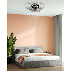 Stropní ventilátor, kov/hliník černý matný, plast bílý/kouřový, stmívatelný, nástěnný vypínač s více kroky, paměť, dálkové ovládání, 25m², 2 směry otáčení, ø:580mm V:175mm, LED 40W 230V, zdroj 800-2000 3000-6500K