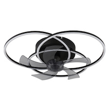 Stropní ventilátor, kov/hliník černý matný, plast bílý/kouřový, stmívatelný, nástěnný vypínač s více kroky, paměť, dálkové ovládání, 25m², 2 směry otáčení, ø:580mm V:175mm, LED 40W 230V, zdroj 800-2000 3000-6500K
