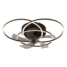 Stropní ventilátor, kov/hliník černý matný, plast bílý/kouřový, stmívatelný, nástěnný vypínač s více kroky, paměť, dálkové ovládání, 25m², 2 směry otáčení, ø:580mm V:175mm, LED 40W 230V, zdroj 800-2000 3000-6500K