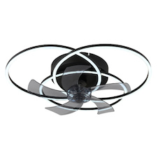 Stropní ventilátor, kov/hliník černý matný, plast bílý/kouřový, stmívatelný, nástěnný vypínač s více kroky, paměť, dálkové ovládání, 25m², 2 směry otáčení, ø:580mm V:175mm, LED 40W 230V, zdroj 800-2000 3000-6500K
