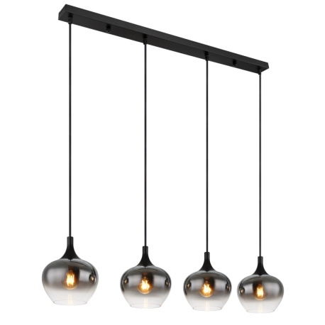 Závěsná lampa, matný černý kov, kouřové sklo, černý textilní kabel, výškově nastavitelná, délka x šířka x výška: 1000 x 180 x 1200 mm, bez žárovek 4x E27 40 W 230 V