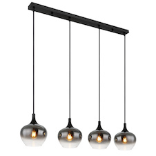 Závěsná lampa, matný černý kov, kouřové sklo, černý textilní kabel, výškově nastavitelná, délka x šířka x výška: 1000 x 180 x 1200 mm, bez žárovek 4x E27 40 W 230 V