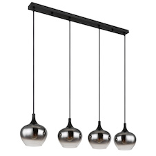 Závěsná lampa, matný černý kov, kouřové sklo, černý textilní kabel, výškově nastavitelná, délka x šířka x výška: 1000 x 180 x 1200 mm, bez žárovek 4x E27 40 W 230 V
