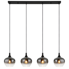 Závěsná lampa, matný černý kov, kouřové sklo, černý textilní kabel, výškově nastavitelná, délka x šířka x výška: 1000 x 180 x 1200 mm, bez žárovek 4x E27 40 W 230 V