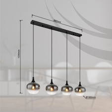 Závěsná lampa, matný černý kov, kouřové sklo, černý textilní kabel, výškově nastavitelná, délka x šířka x výška: 1000 x 180 x 1200 mm, bez žárovek 4x E27 40 W 230 V