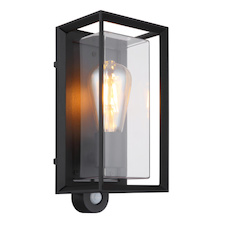 Venkovní svítidlo, matný černý hliník, čirý plast, senzor součástí balení, IP44, ŠxV:13x28cm, H:12cm, bez žárovky 1x E27, 60W 230V