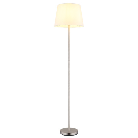 Stojací lampa, matný niklový kov, bílá tkanina, černý PVC kabel, nožní vypínač na kabelu, Ø:35cm, V:151cm, délka kabelu 180cm, bez žárovky 1x E27, max. 40W 230V