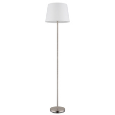 Stojací lampa, matný niklový kov, bílá tkanina, černý PVC kabel, nožní vypínač na kabelu, Ø:35cm, V:151cm, délka kabelu 180cm, bez žárovky 1x E27, max. 40W 230V