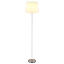 Stojací lampa, matný niklový kov, bílá tkanina, černý PVC kabel, nožní vypínač na kabelu, Ø:35cm, V:151cm, délka kabelu 180cm, bez žárovky 1x E27, max. 40W 230V