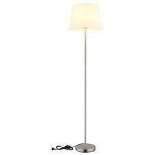 Stojací lampa, matný niklový kov, bílá tkanina, černý PVC kabel, nožní vypínač na kabelu, Ø:35cm, V:151cm, délka kabelu 180cm, bez žárovky 1x E27, max. 40W 230V