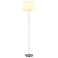 Stojací lampa, matný niklový kov, bílá tkanina, černý PVC kabel, nožní vypínač na kabelu, Ø:35cm, V:151cm, délka kabelu 180cm, bez žárovky 1x E27, max. 40W 230V