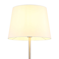 Stojací lampa, matný niklový kov, bílá tkanina, černý PVC kabel, nožní vypínač na kabelu, Ø:35cm, V:151cm, délka kabelu 180cm, bez žárovky 1x E27, max. 40W 230V