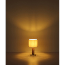 Stolní lampa, hnědý kov, dřevo, textil, dotykové zapnutí/vypnutí, dotykový stmívač, samostatný vypínač, Ø:35cm, V:14,5cm, bez žárovky 1x E27, max. 25W 230V, včetně LED 21W 230V, 2490 lm zdroj, 1500 lm výstup, 2700K