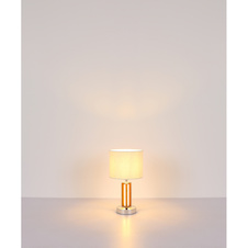 Stolní lampa, hnědý kov, dřevo, textil, dotykové zapnutí/vypnutí, dotykový stmívač, samostatný vypínač, Ø:35cm, V:14,5cm, bez žárovky 1x E27, max. 25W 230V, včetně LED 21W 230V, 2490 lm zdroj, 1500 lm výstup, 2700K