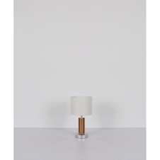 Stolní lampa, hnědý kov, dřevo, textil, dotykové zapnutí/vypnutí, dotykový stmívač, samostatný vypínač, Ø:35cm, V:14,5cm, bez žárovky 1x E27, max. 25W 230V, včetně LED 21W 230V, 2490 lm zdroj, 1500 lm výstup, 2700K