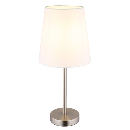 Stolní lampa, matný niklový kov, bílá tkanina, černý PVC kabel, kolébkový vypínač na kabelu, Ø:20cm, H:45cm, délka kabelu 150cm, bez žárovky 1x E14, max. 25W 230V