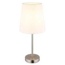 Stolní lampa, matný niklový kov, bílá tkanina, černý PVC kabel, kolébkový vypínač na kabelu, Ø:20cm, H:45cm, délka kabelu 150cm, bez žárovky 1x E14, max. 25W 230V