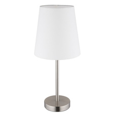Stolní lampa, matný niklový kov, bílá tkanina, černý PVC kabel, kolébkový vypínač na kabelu, Ø:20cm, H:45cm, délka kabelu 150cm, bez žárovky 1x E14, max. 25W 230V