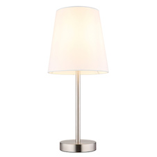 Stolní lampa, matný niklový kov, bílá tkanina, černý PVC kabel, kolébkový vypínač na kabelu, Ø:20cm, H:45cm, délka kabelu 150cm, bez žárovky 1x E14, max. 25W 230V
