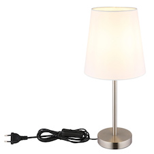 Stolní lampa, matný niklový kov, bílá tkanina, černý PVC kabel, kolébkový vypínač na kabelu, Ø:20cm, H:45cm, délka kabelu 150cm, bez žárovky 1x E14, max. 25W 230V