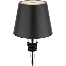 Stolní lampa, kov/plast černý/bílý, dotek. zap/vyp/stmívání, USB-A 2.0 - USB-C; aku CR18650 1800mAh 3,7V, IP54, nastavitelná výška, jako nástavec na láhev (součást balení), Ø:11,5cm, V:36cm, 3W LED, zdroj 300lm, výstup 200lm, CCT3000/4000/5000K