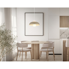 Závěsné svítidlo, pískově zbarvený kov, bílé sklo, bílý textilní kabel, nastavitelná výška, Ø:38cm, V:120cm, rozměry válce ø:11cm, V:20cm, bez žárovky 1xE27, max. 60W 230V