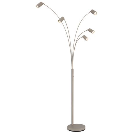 Stojací lampa, kov v barvě písku, černý PVC kabel, kolébkový vypínač, otočná/nastavitelná, DxŠxV:70x73x204cm, délka kabelu 180cm, bez žárovek 5x GU10, max. 35W 230V
