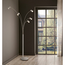 Stojací lampa, kov v barvě písku, černý PVC kabel, kolébkový vypínač, otočná/nastavitelná, DxŠxV:70x73x204cm, délka kabelu 180cm, bez žárovek 5x GU10, max. 35W 230V