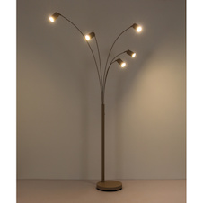 Stojací lampa, kov v barvě písku, černý PVC kabel, kolébkový vypínač, otočná/nastavitelná, DxŠxV:70x73x204cm, délka kabelu 180cm, bez žárovek 5x GU10, max. 35W 230V