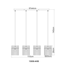 Závěsné svítidlo, kov v barvě písku, saténové skleněné tyče, černý PVC kabel, nastavitelná výška, DxŠxV:110x20x140cm, bez žárovek 4xE27, max. 60W 230V