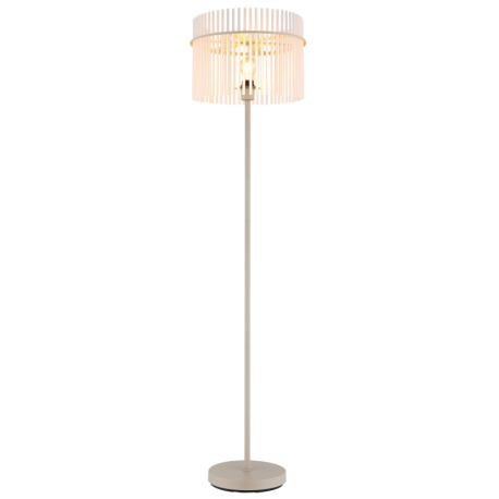 Stojací lampa, kov pískové barvy, saténové skleněné tyče, černý PVC kabel, nožní spínač na kabelu, Ø:38cm, V:150cm, délka kabelu 180cm, bez žárovky 1xE27, max. 60W 230V