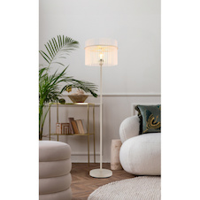 Stojací lampa, kov pískové barvy, saténové skleněné tyče, černý PVC kabel, nožní spínač na kabelu, Ø:38cm, V:150cm, délka kabelu 180cm, bez žárovky 1xE27, max. 60W 230V